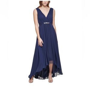 Eliza J Embellished Chiffon High Low Dress Gown Navy Blue Women Size 18